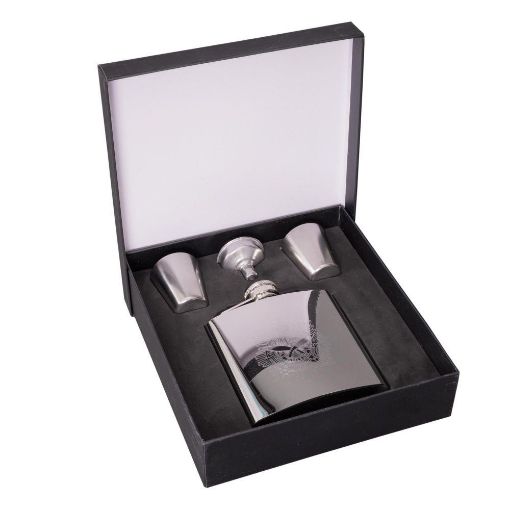 Picture of QOGLR Metal Hip Flask - 6oz with Filler & 2 Cups - Tudor Crown